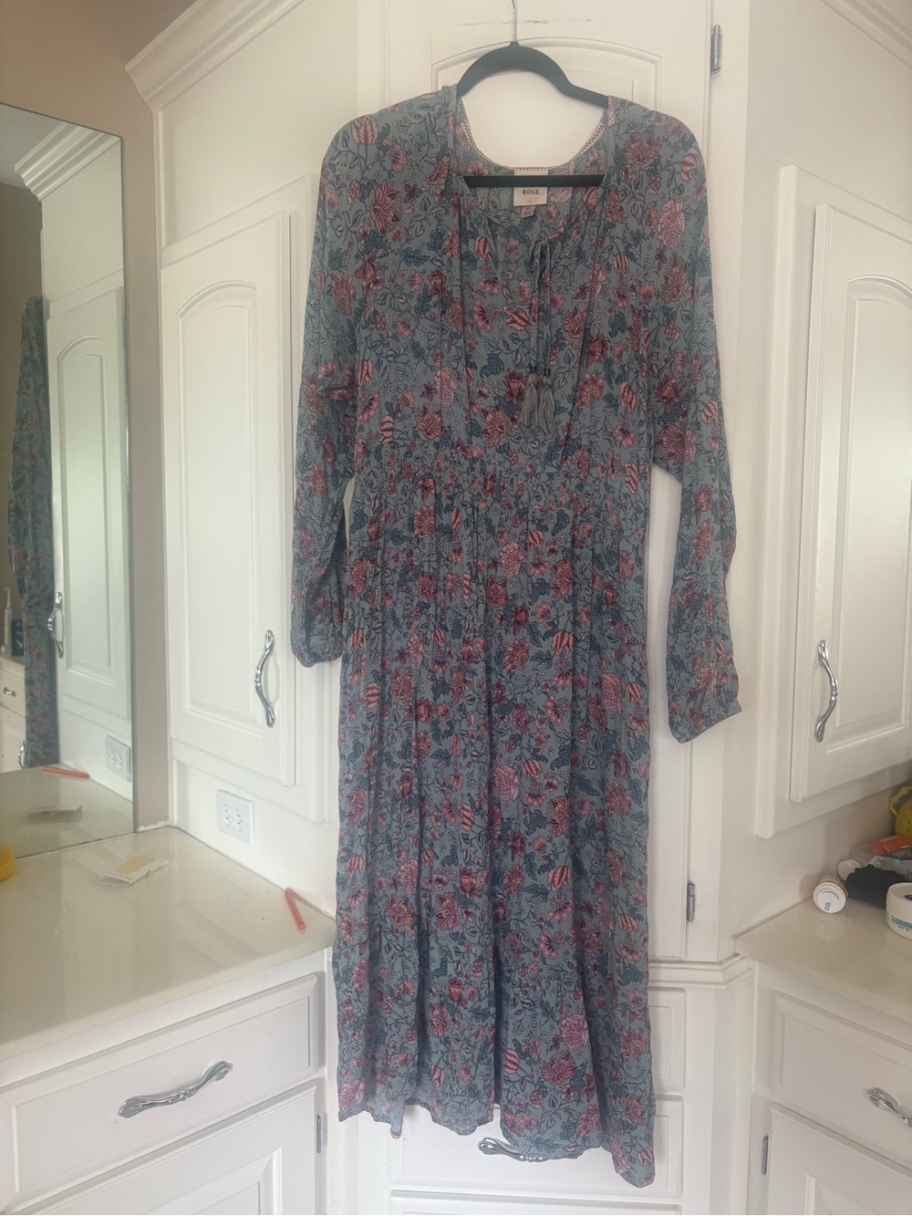 Knox Rose Dusty Blue Maxi Dress with Pink Floral Pattern size xl